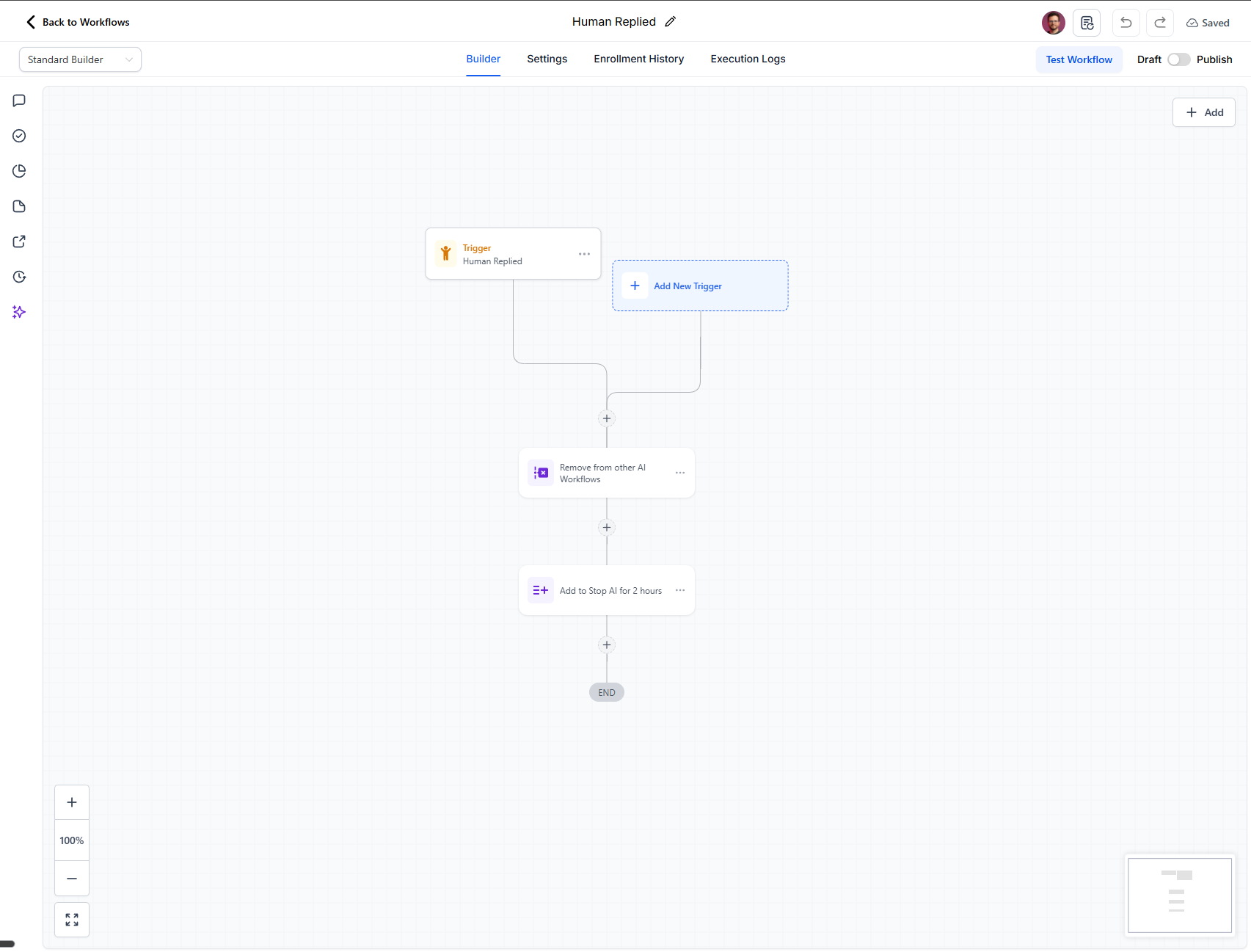 Human Replied workflow — trigger plus two actions