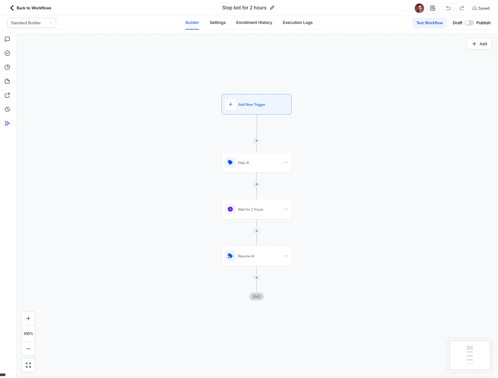 Stop bot for 2 hours — Stop AI, wait, Resume AI