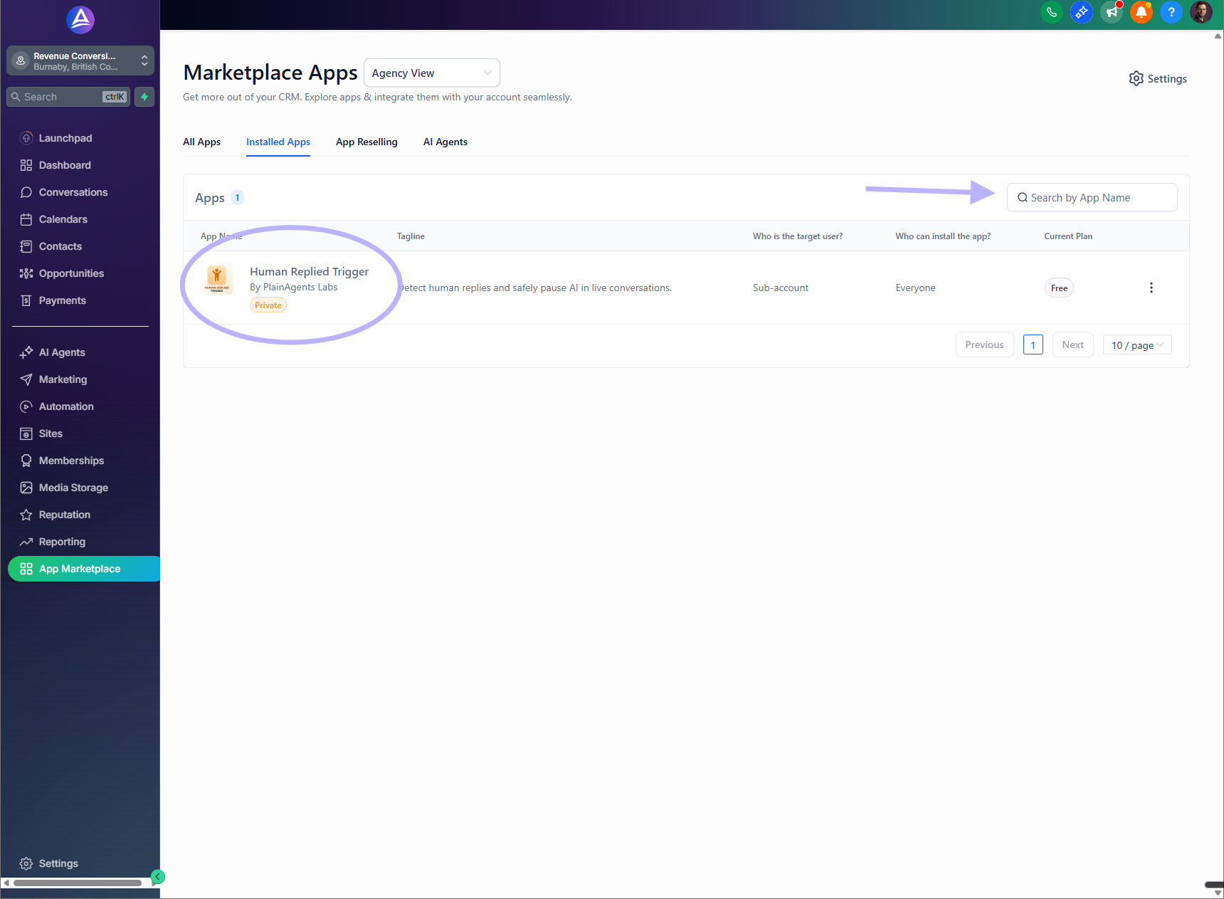 Human Replied Trigger app page in the App Marketplace