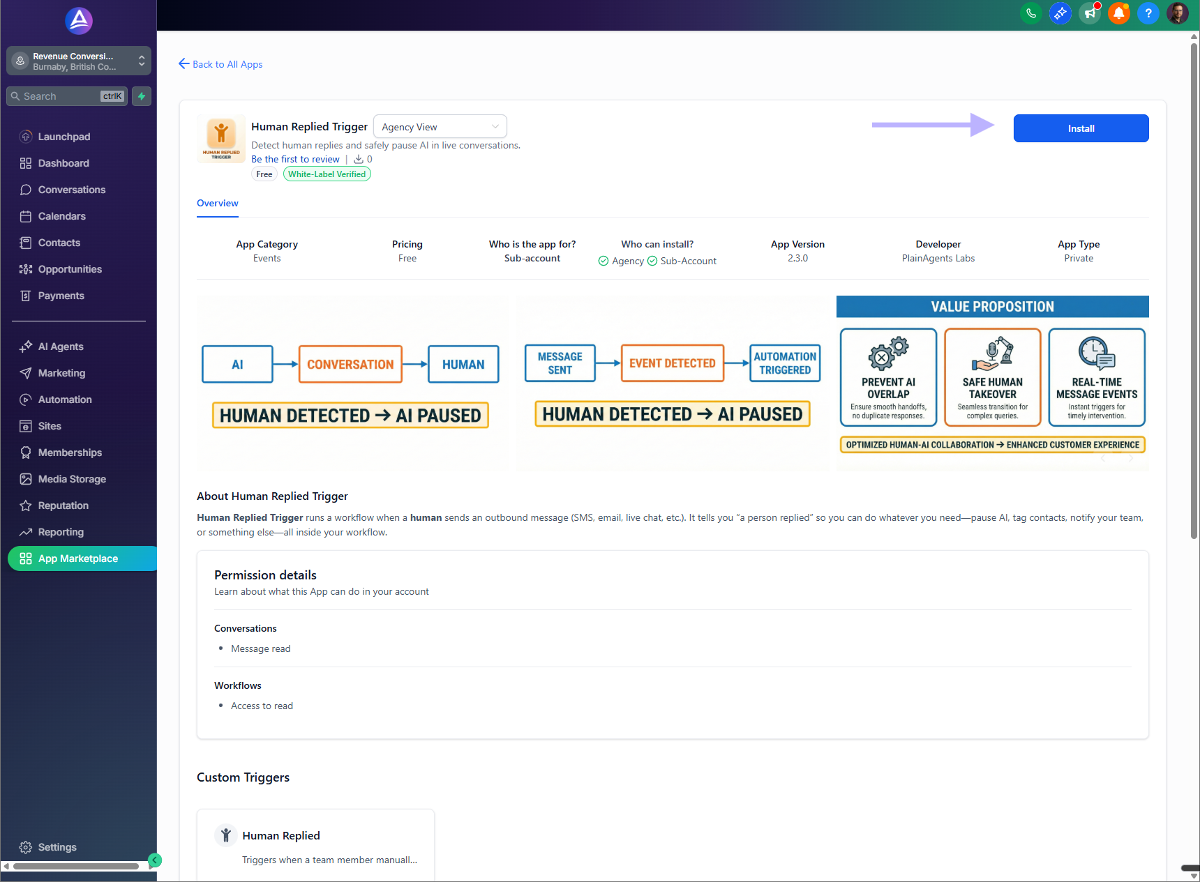 Human Replied Trigger app page in the App Marketplace