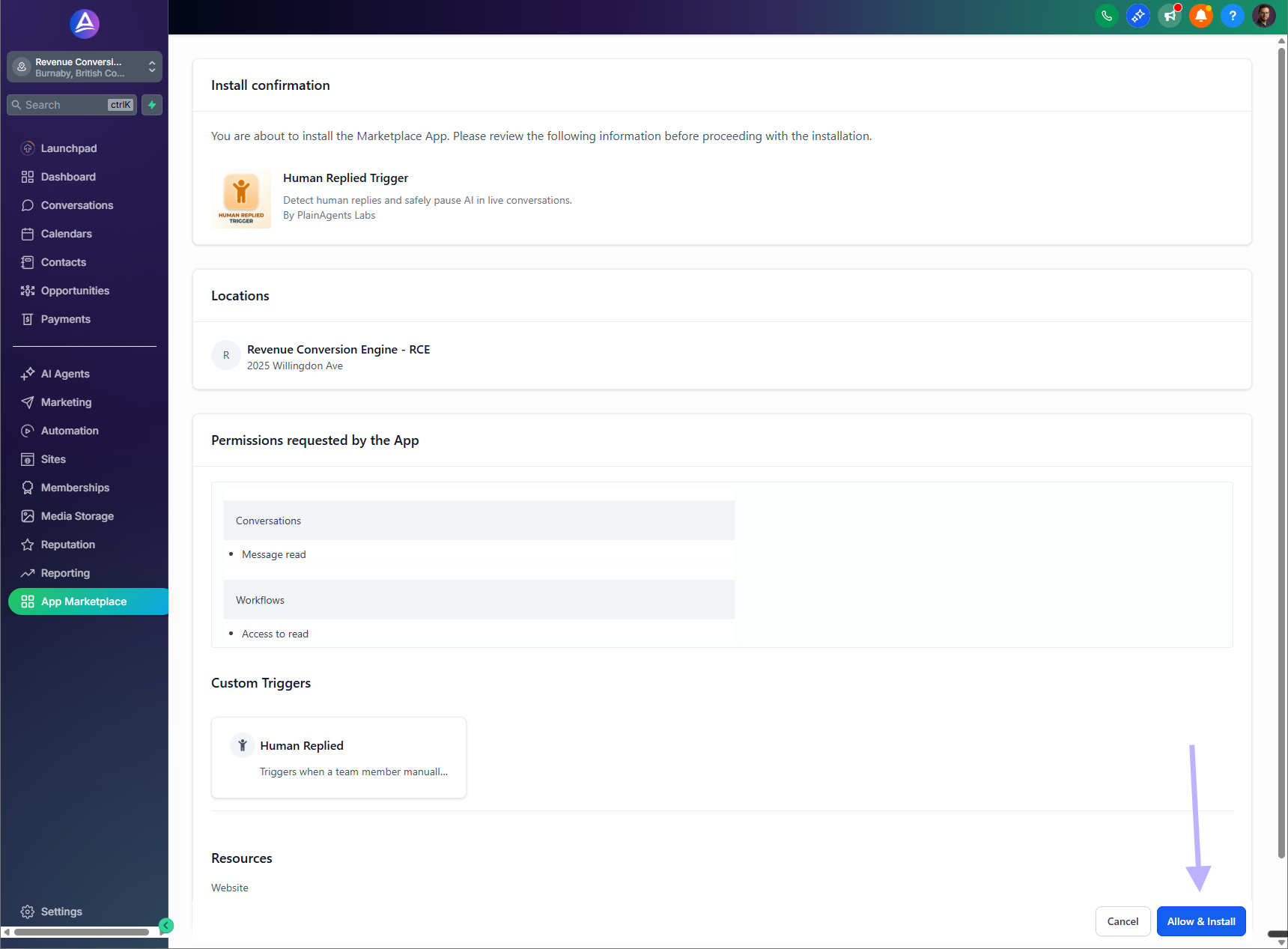 Install confirmation — click Allow & Install