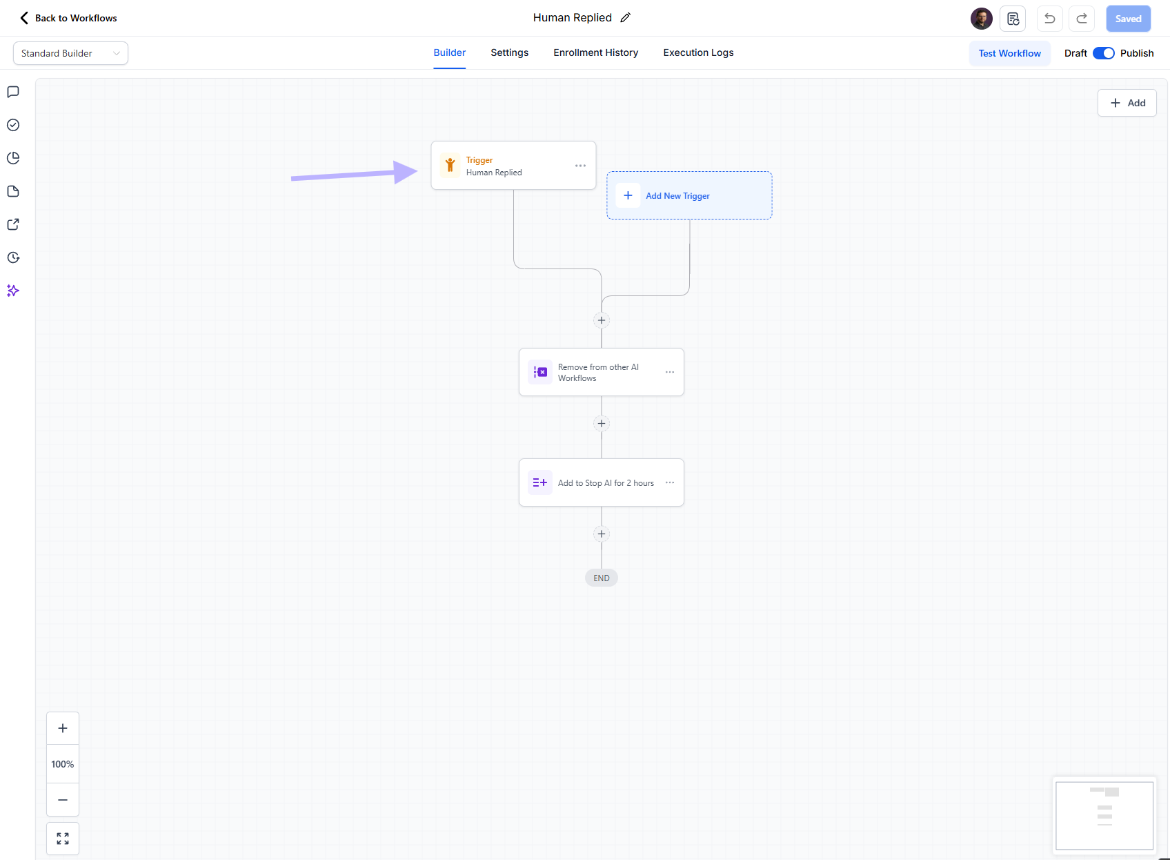 Example workflow using the Human Replied trigger