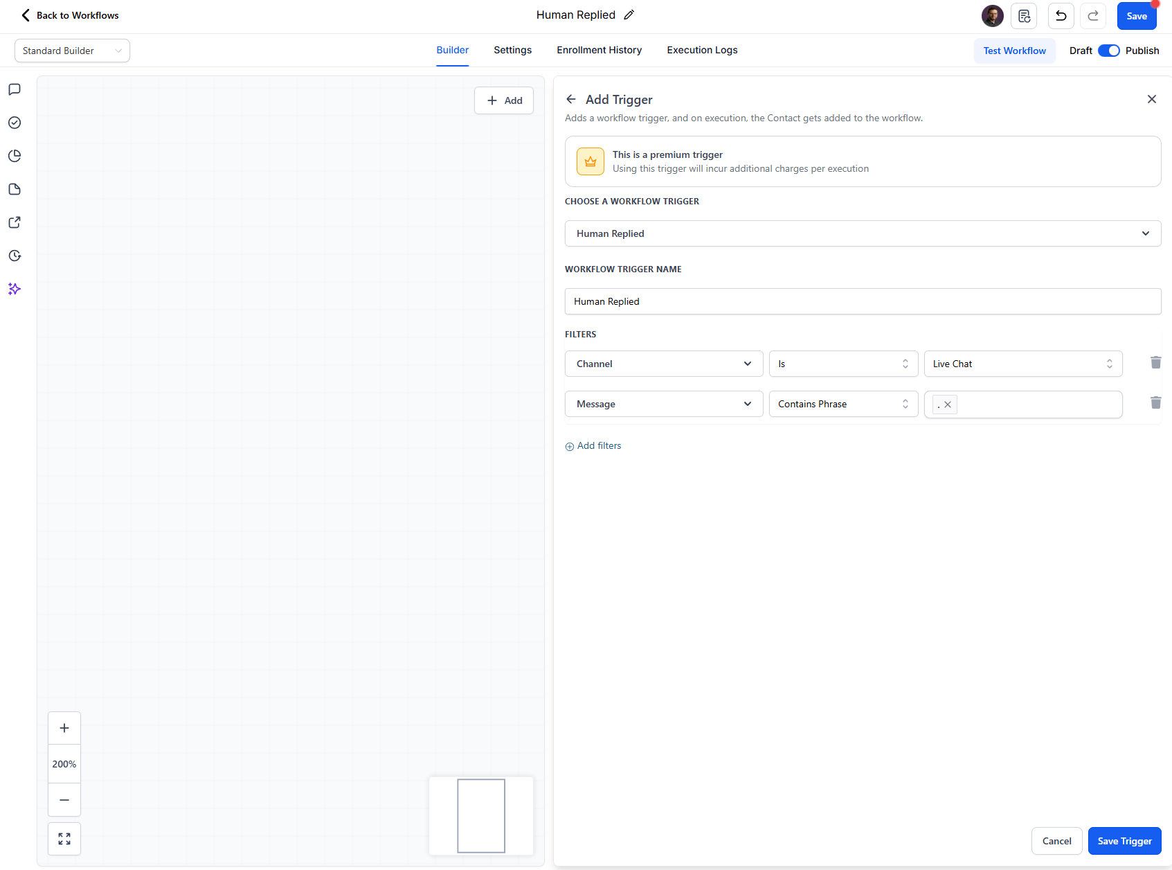 Human Replied trigger configuration with filters